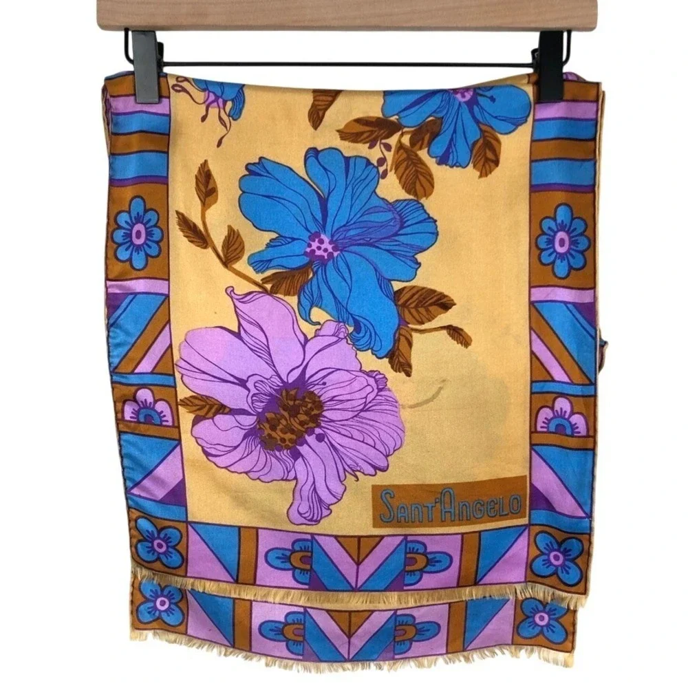 VTG Sant'Angelo Floral Geometric Oblong Scarf Blue Purple Gold‎ Fringe 14